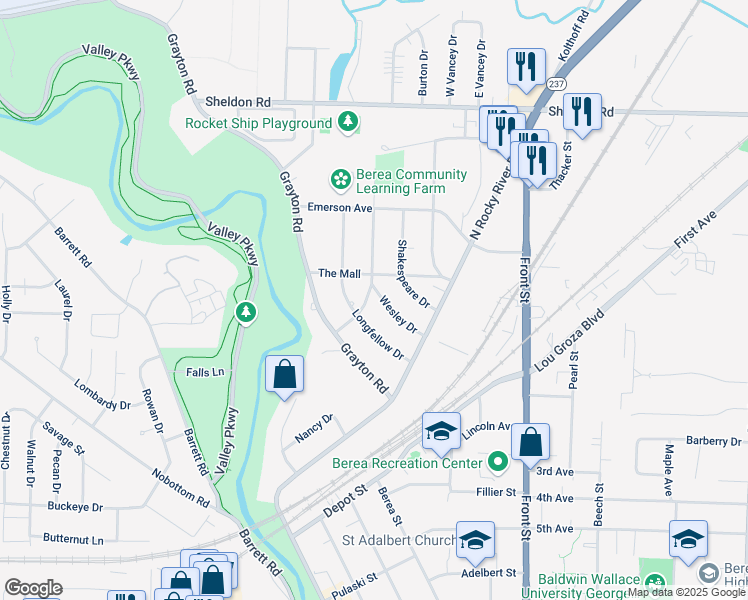 map of restaurants, bars, coffee shops, grocery stores, and more near 675 Wesley Drive in Berea
