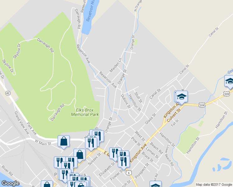 map of restaurants, bars, coffee shops, grocery stores, and more near 87 Orange Street in Port Jervis