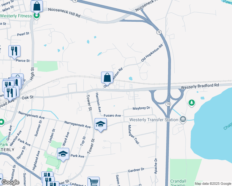 map of restaurants, bars, coffee shops, grocery stores, and more near 115 Oak Street in Westerly