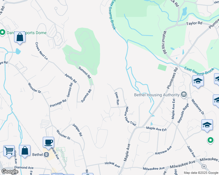 map of restaurants, bars, coffee shops, grocery stores, and more near 54 Deer Run in Bethel