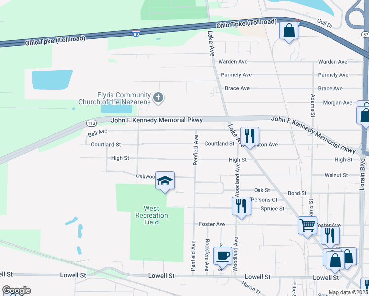 map of restaurants, bars, coffee shops, grocery stores, and more near 218 Courtland St in Elyria