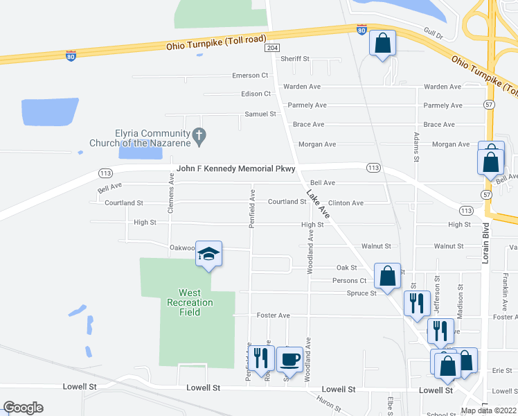 map of restaurants, bars, coffee shops, grocery stores, and more near 166 Courtland Street in Elyria