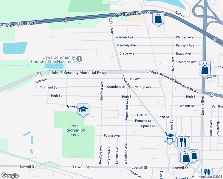 map of restaurants, bars, coffee shops, grocery stores, and more near 132 Courtland Street in Elyria