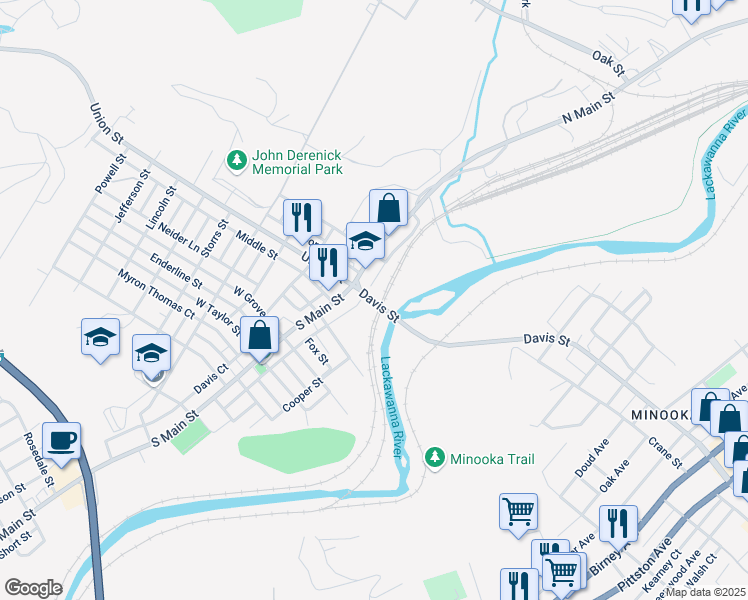 map of restaurants, bars, coffee shops, grocery stores, and more near 17 Davis Street in Scranton