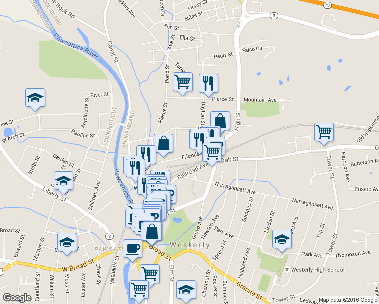 map of restaurants, bars, coffee shops, grocery stores, and more near 54 Friendship Street in Westerly