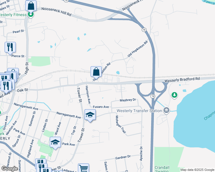 map of restaurants, bars, coffee shops, grocery stores, and more near 115 Oak Street in Westerly