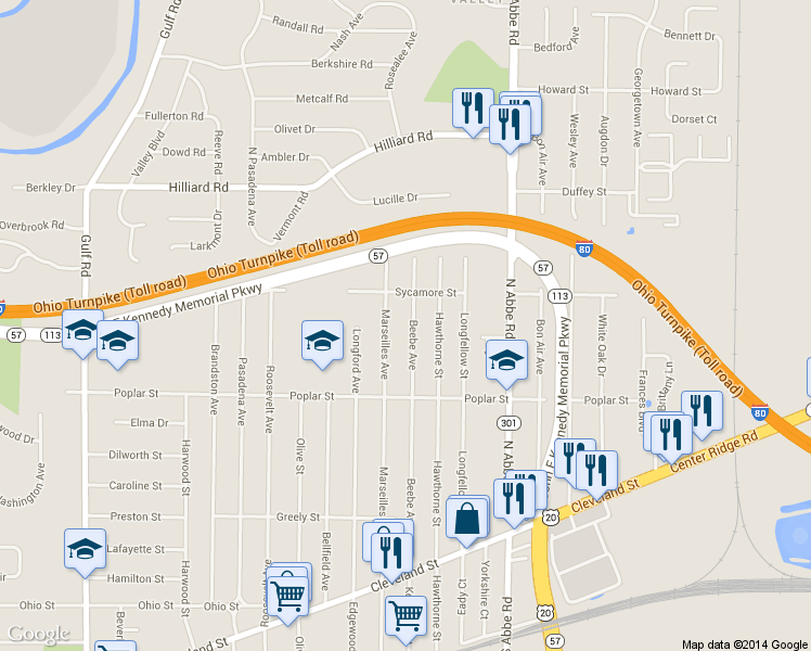 map of restaurants, bars, coffee shops, grocery stores, and more near 358 Beebe Ave in Elyria