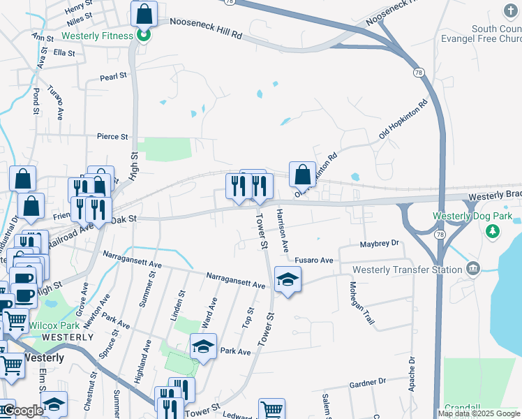 map of restaurants, bars, coffee shops, grocery stores, and more near 87 Oak Street in Westerly
