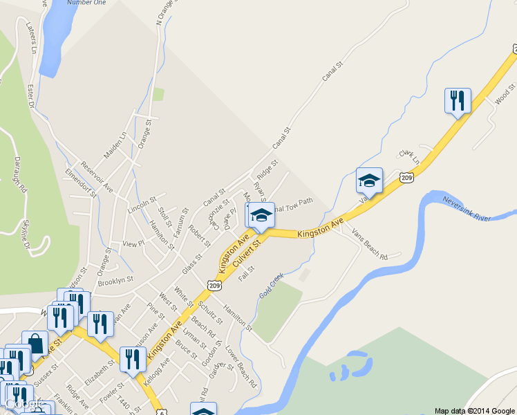 map of restaurants, bars, coffee shops, grocery stores, and more near 122 Ryan Street in Port Jervis
