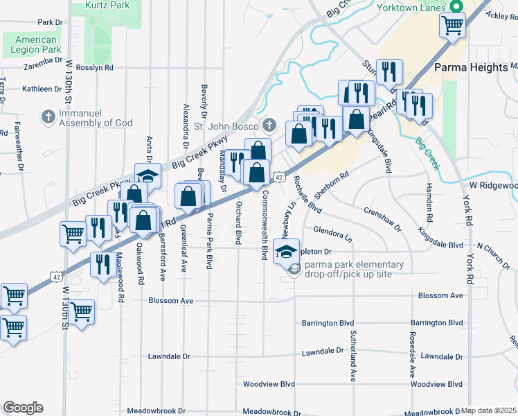 map of restaurants, bars, coffee shops, grocery stores, and more near 6632 Commonwealth Boulevard in Parma Heights