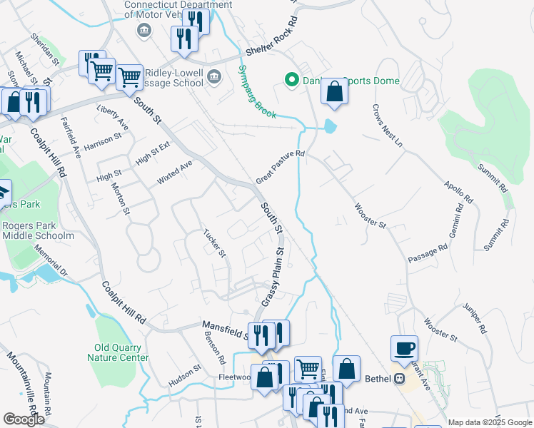 map of restaurants, bars, coffee shops, grocery stores, and more near 14 South Street in Danbury