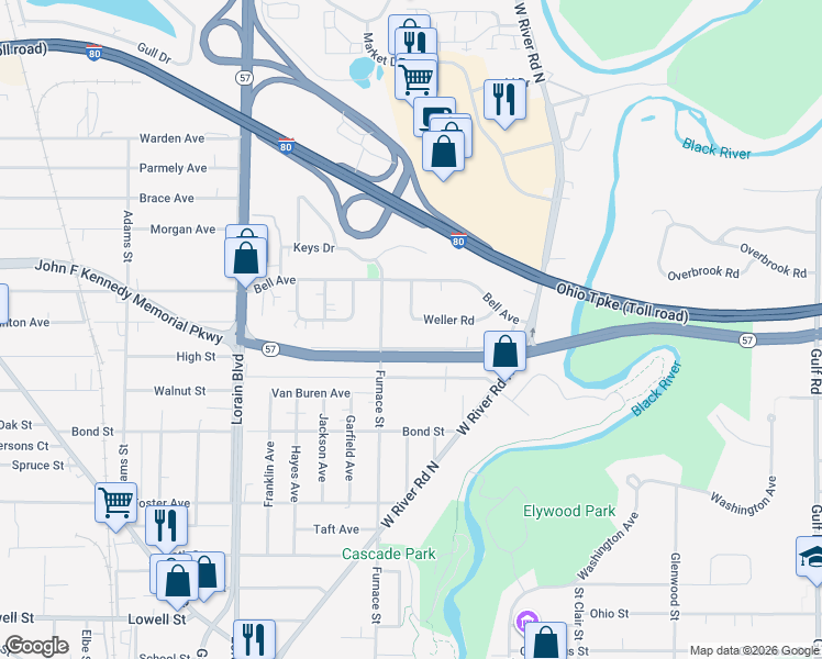 map of restaurants, bars, coffee shops, grocery stores, and more near 633 Weller Road in Elyria