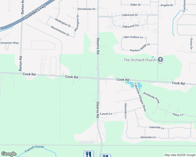 map of restaurants, bars, coffee shops, grocery stores, and more near Stearns Rd & Cook Rd in Olmsted Falls