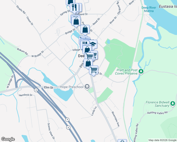 map of restaurants, bars, coffee shops, grocery stores, and more near 202 Main Street in Deep River