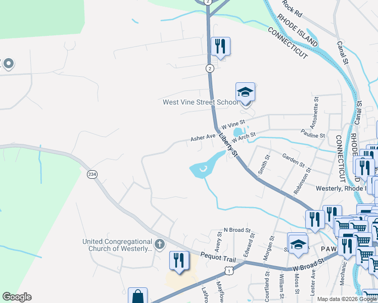 map of restaurants, bars, coffee shops, grocery stores, and more near 31 Asher Avenue in Stonington
