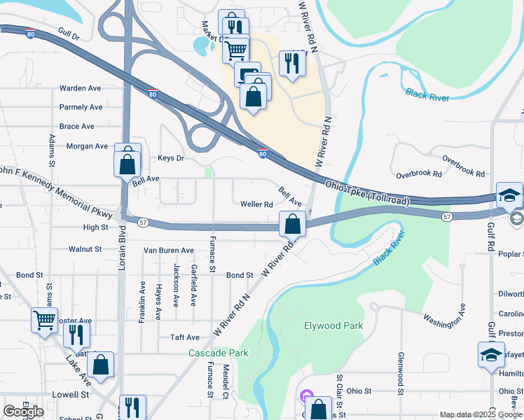 map of restaurants, bars, coffee shops, grocery stores, and more near 667 Weller Road in Elyria