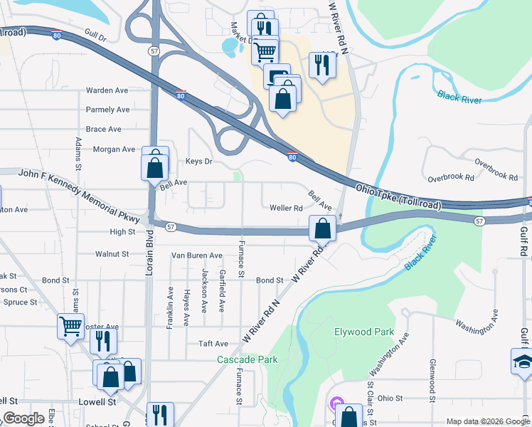 map of restaurants, bars, coffee shops, grocery stores, and more near 633 Weller Rd in Elyria