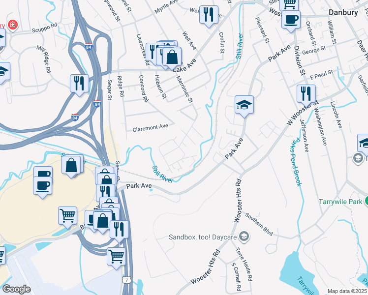 map of restaurants, bars, coffee shops, grocery stores, and more near 15 Belmont Lane in Danbury