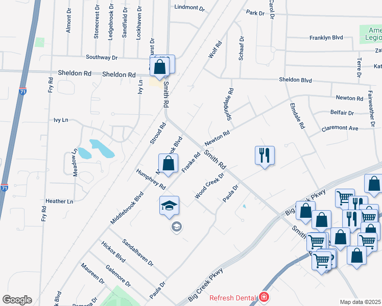 map of restaurants, bars, coffee shops, grocery stores, and more near 6780 Franke Road in Middleburg Heights