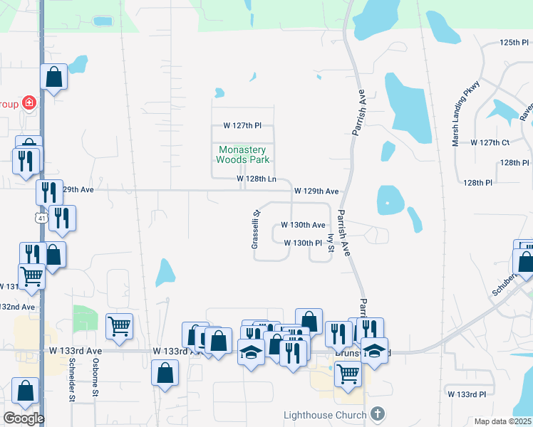 map of restaurants, bars, coffee shops, grocery stores, and more near 13000B Carey Street in Cedar Lake