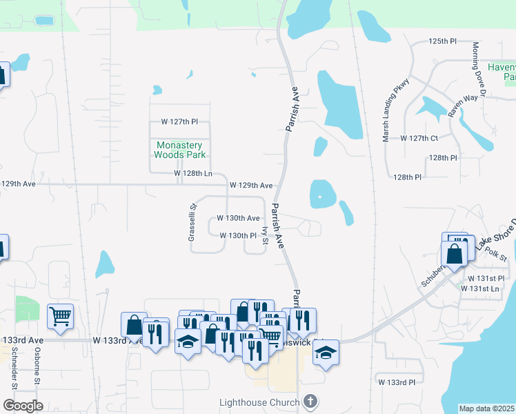 map of restaurants, bars, coffee shops, grocery stores, and more near 12922 Ivy Street in Cedar Lake