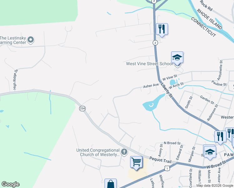 map of restaurants, bars, coffee shops, grocery stores, and more near 72 Asher Avenue in Stonington
