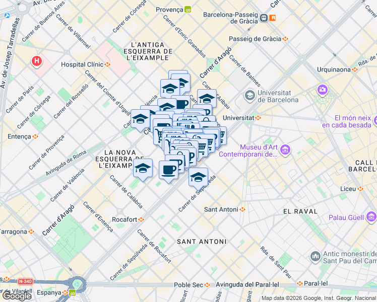 map of restaurants, bars, coffee shops, grocery stores, and more near 69 Carrer de Villarroel in Barcelona