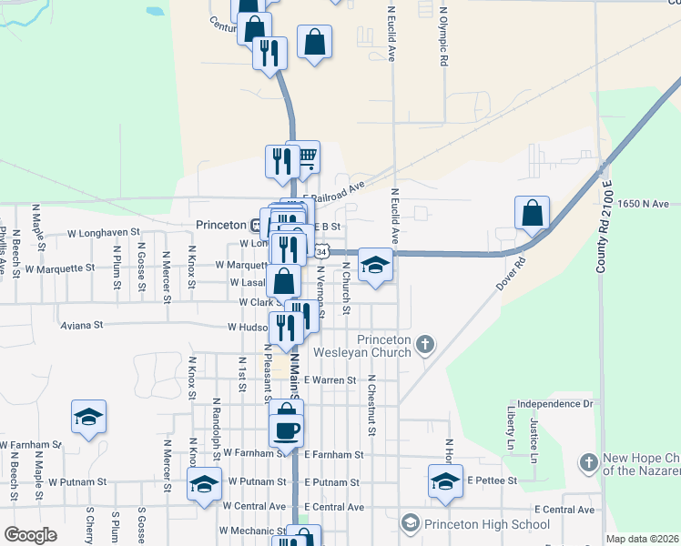 map of restaurants, bars, coffee shops, grocery stores, and more near 912 North Church Street in Princeton