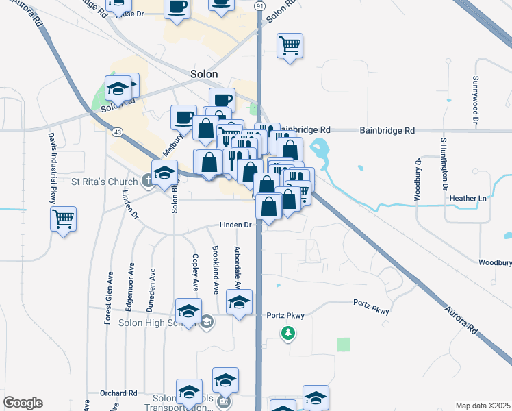 map of restaurants, bars, coffee shops, grocery stores, and more near 6460 Ohio 91 in Solon