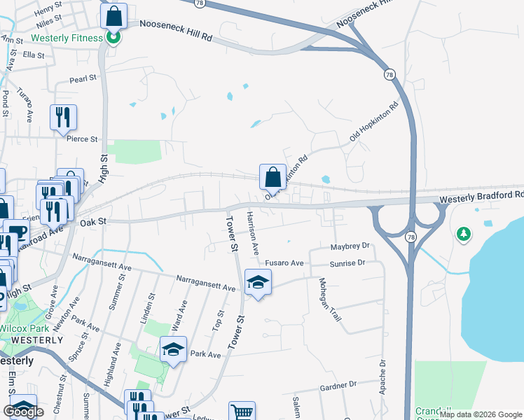 map of restaurants, bars, coffee shops, grocery stores, and more near 99 Oak Street in Westerly
