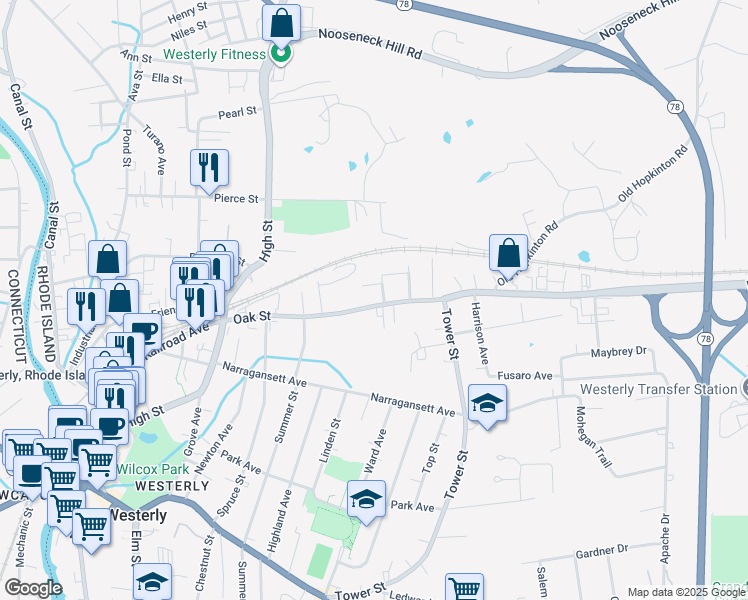 map of restaurants, bars, coffee shops, grocery stores, and more near 58 Oak Street in Westerly