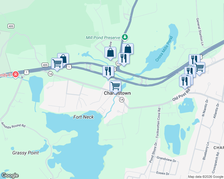 map of restaurants, bars, coffee shops, grocery stores, and more near 4459 Old Post Road in Charlestown