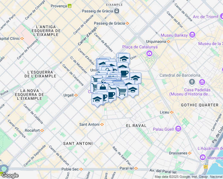 map of restaurants, bars, coffee shops, grocery stores, and more near 57 Carrer de Joaquín Costa in Barcelona