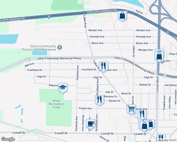 map of restaurants, bars, coffee shops, grocery stores, and more near 132 Courtland Street in Elyria