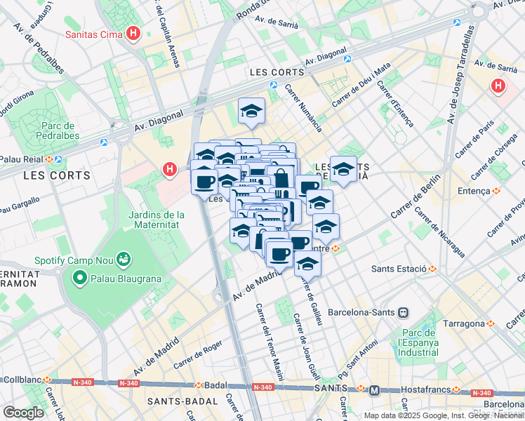 map of restaurants, bars, coffee shops, grocery stores, and more near 12 Carrer de Can Bruixa in Barcelona