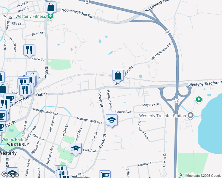 map of restaurants, bars, coffee shops, grocery stores, and more near 99 Oak Street in Westerly