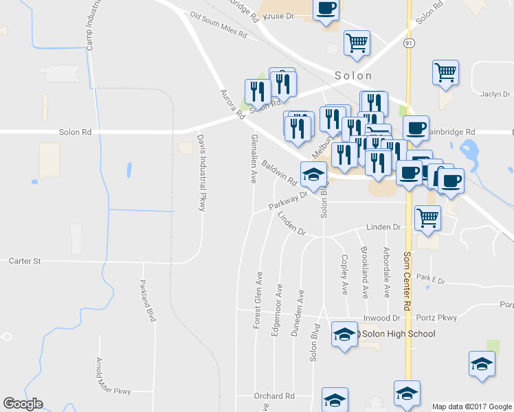 map of restaurants, bars, coffee shops, grocery stores, and more near 32741 Parkway Drive in Solon