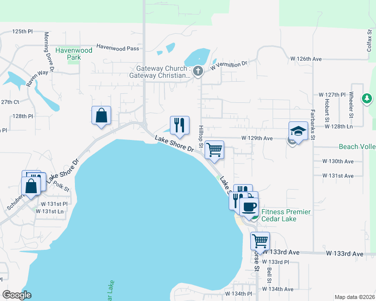 map of restaurants, bars, coffee shops, grocery stores, and more near 7617 Lake Shore Drive in Cedar Lake