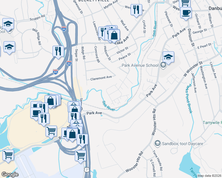 map of restaurants, bars, coffee shops, grocery stores, and more near 83 Merrimac Street in Danbury