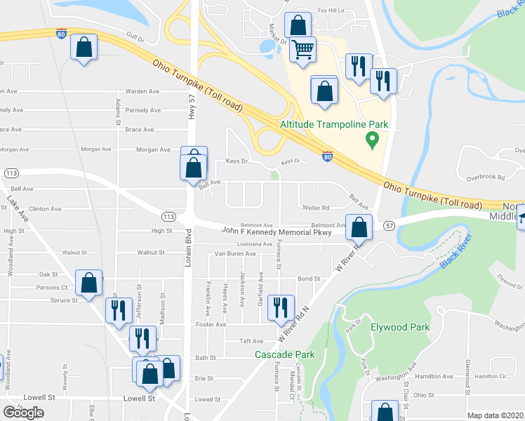 map of restaurants, bars, coffee shops, grocery stores, and more near 573 Willow Park Road in Elyria