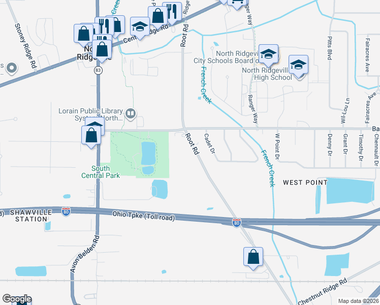 map of restaurants, bars, coffee shops, grocery stores, and more near 7350 Root Road in North Ridgeville