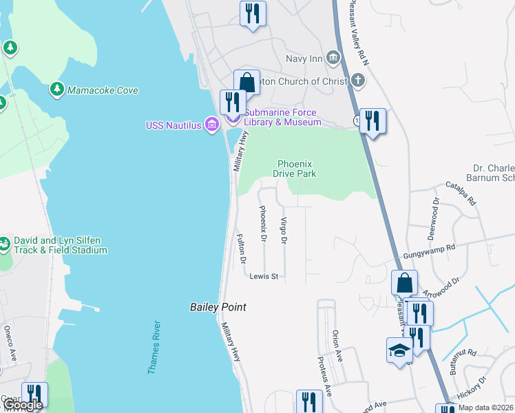 map of restaurants, bars, coffee shops, grocery stores, and more near 59 Phoenix Drive in Groton
