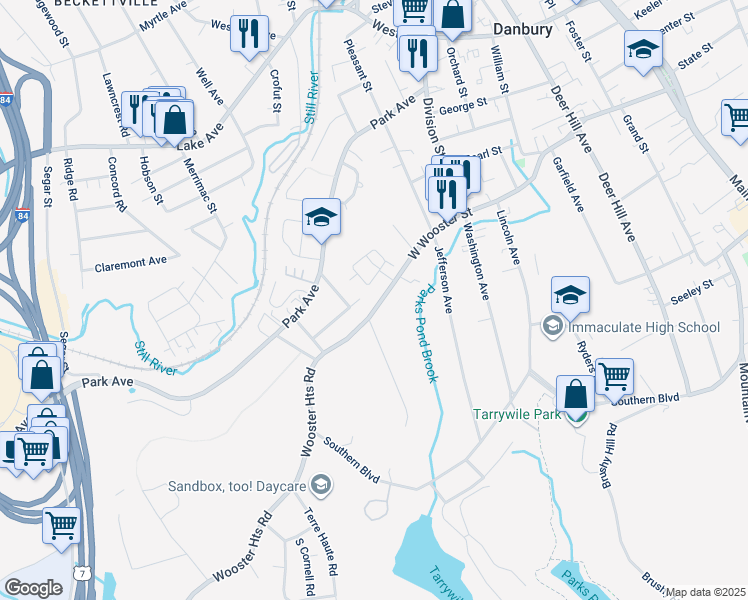 map of restaurants, bars, coffee shops, grocery stores, and more near 107 West Wooster Street in Danbury