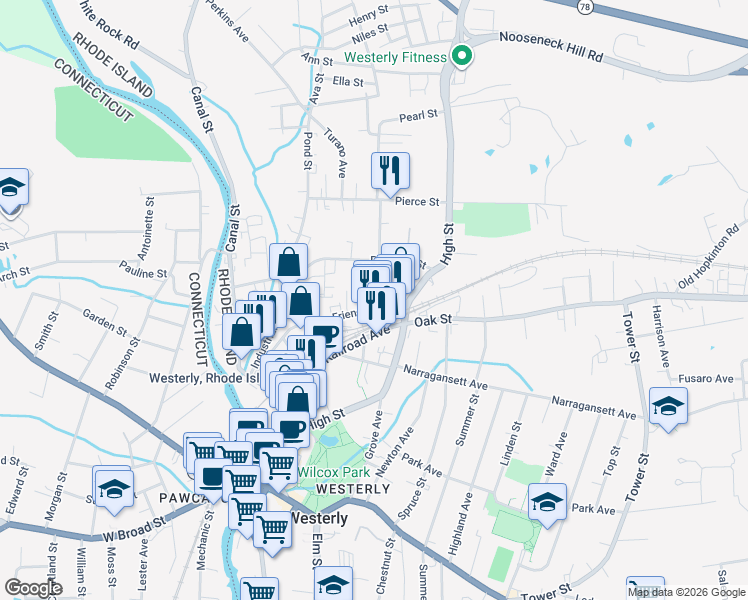 map of restaurants, bars, coffee shops, grocery stores, and more near 64 Friendship Street in Westerly