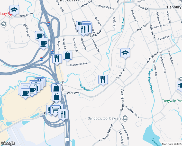 map of restaurants, bars, coffee shops, grocery stores, and more near 83 Merrimac Street in Danbury