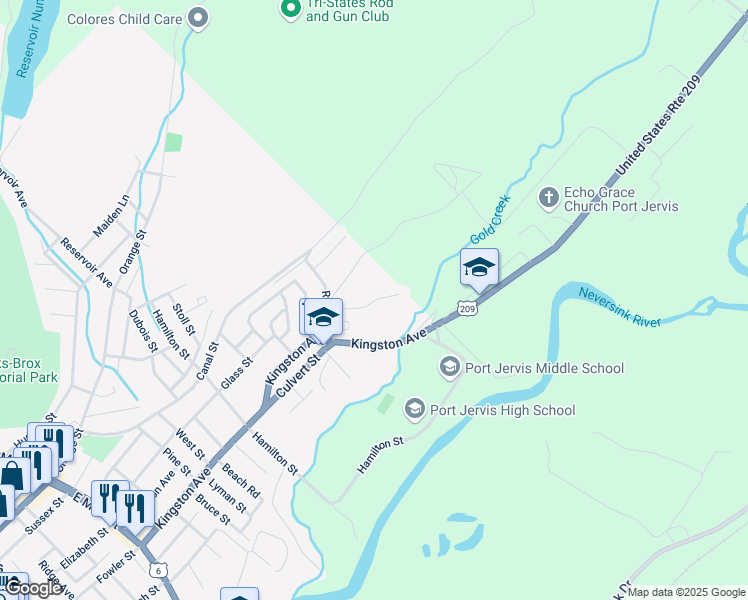 map of restaurants, bars, coffee shops, grocery stores, and more near 111 Ryan Street in Port Jervis