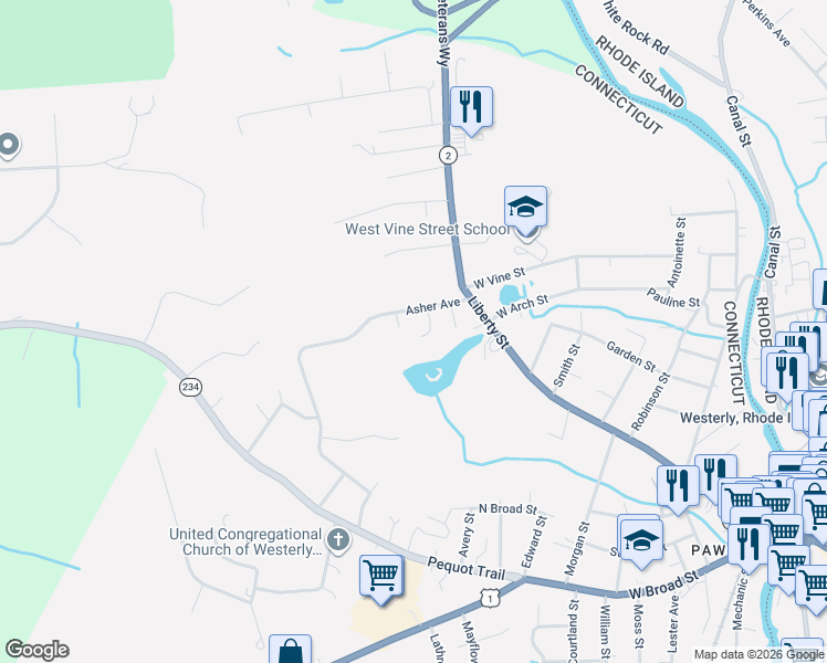 map of restaurants, bars, coffee shops, grocery stores, and more near 31 Asher Avenue in Stonington