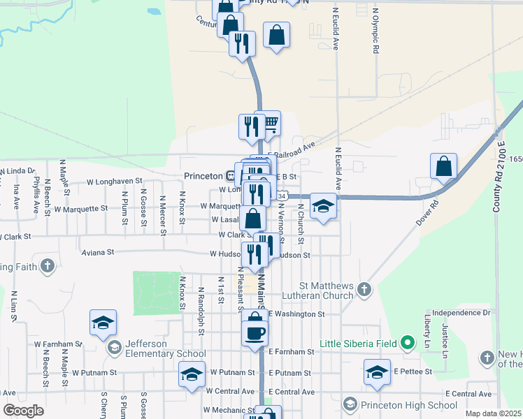 map of restaurants, bars, coffee shops, grocery stores, and more near 925 North Main Street in Princeton