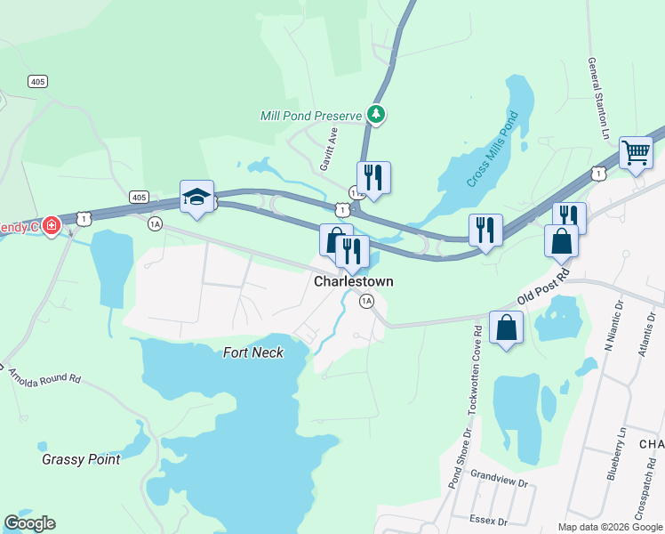 map of restaurants, bars, coffee shops, grocery stores, and more near 4459 Old Post Road in Charlestown