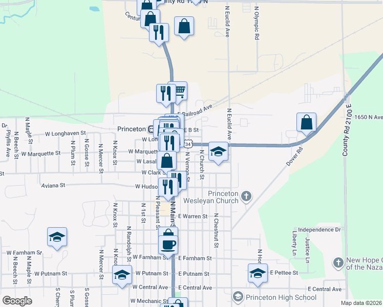 map of restaurants, bars, coffee shops, grocery stores, and more near 912 North Church Street in Princeton